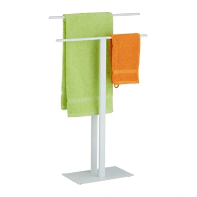 Image de Relaxdays Porte Serviettes, 2 Barres, métal, HxLxP : 82 x 50 19 cm, Support Design en T, Double Bras, Blanc