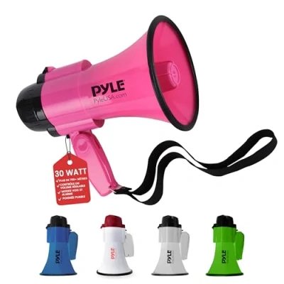 Image de PYLE Haut Parleur Mégaphone Portable avec Sirène Porte Voix Compact et Alimenté par Piles Puissance de 30 Watts, Microphone, 2 Modes, Sonorisation Poignée Pliable
