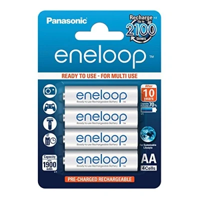 Image de Panasonic batteries eneloop, pile Ni MH prête à l&#039;emploi, AA Mignon, pack de 4, min. 1900 mAh, 2100 cycles charge, aux performances élevées et avec une faible autodécharge, rechargeable Blanc