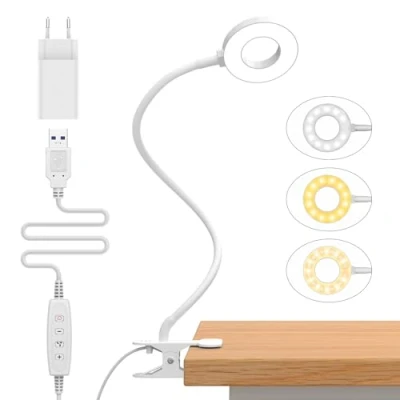 Image de iZELL 10W Lampe de Bureau à Pince avec Chargeur USB[3 Modes d’Éclairage &amp;10 Niveaux Luminosité] Flexible 360Lampe Lecture Clipsable, 70CM Led pour Maison/Bureau Blanc