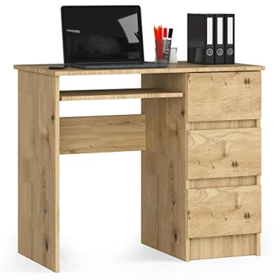 Image de AKORD Bureau Ordinateur A 6 avec Tablette Clavier L90 x H77 P50 cm 30 kg 3 Tiroirs Petit de Chambre PC Desk Table Chêne Artisanal