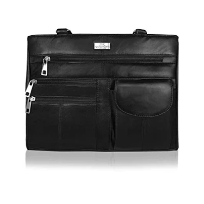 Image de Quenchy London Sac à Main Femme en Cuir Véritable Avec Bandoulière et 2 Anses 8 Poches Compartiments Zip Taille Moyenne QL173 Noir