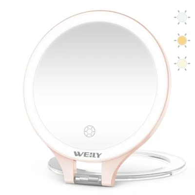 Image de WEILY Miroir Maquillage, 10X/1X Grossissant Lumineux, Double Face de Voyage, avec 3 Lumières Couleur, Contrôle Tactile, Rechargeable Portable pour Chambre (Rose)