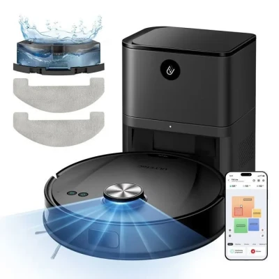 Image de Ultenic T10 Elite Robot Aspirateur Laveur, Station Auto Vidage, Navigation Lidar avec Cartographie, Connecté App et Alexa, Idéal pour Les Poils d&#039;animaux, Cheveux, Poussière Moquettes, Noir