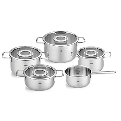 Image de Fissler Collection Pure Jeu De Faitouts/sautoir/casserole En Acier Inoxydable, 5 Pièces Dont 4 Avec Couvercle Verre (3 Faitouts, 1 Sautoir, Casserole À Queue), Compatible Induction