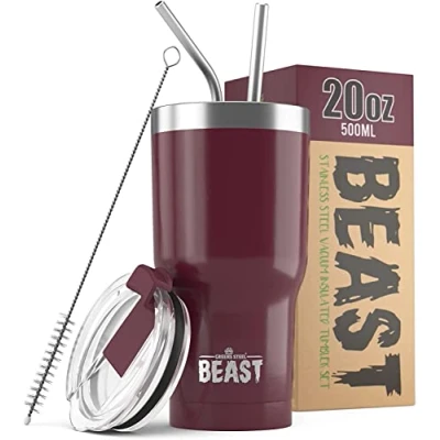 Image de BEAST Mug Isotherme Cafe 550ml I Canneberge Acier Inoxydable Réutilisable, Tasses Isothermes 2 Pailles et Brosse Nettoyage Thermos Cafés de Voyage Double Paroi Café Chaud ou Glacé