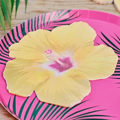 Image de Ginger Ray Lot de 16 serviettes table en papier Tiki hawaïen, motif fleurs tropicales, jaune, 16,5 cm