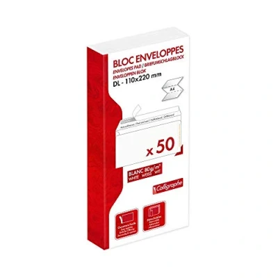 Image de Calligraphe (gamme correspondance Clairefontaine) 15965C Bloc Encollé de 50 Enveloppes Blanches DL 110x220mm Auto Adhésives 80g/m²