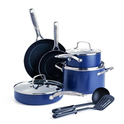 Image de Blue Diamond Batterie de Cuisine Avec Revêtement Antiadhésif en Renforcé des Diamants, Set 10 Poêles et Casseroles, Poêle à Frire Sauteuse, Sans PFAS, Induction, Lave Vaisselle, Four,Bleu