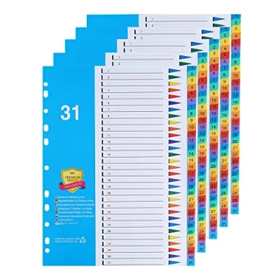 Image de (Lot de 5) A4 Intercalaires en Plastique, Feuillets 31 Positions,Intercalaires avec Onglets Multicolores,Numérotés 1