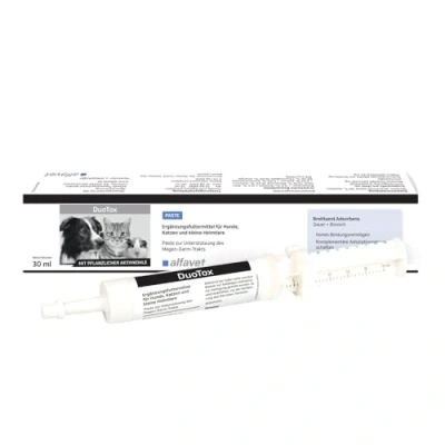 Image de Alfavet DuoTox Pâte au charbon végétal et à la bentonite contre les vomissements chez chiens, chats, petits animaux de compagnie Injecteur 30 ml