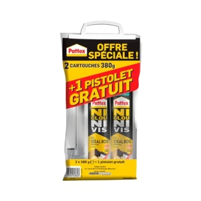 Image de Pattex Ni Clou Vis Fix Idéal Bois, colle de fixation surpuissante, rapide qui permet une prise instantanée, blanche, lot 2 cartouches 380 g + 1 pistolet extrudeur