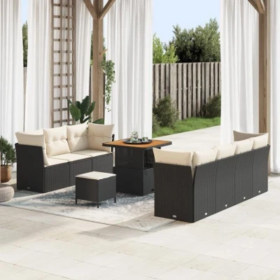 Image de Ensemble de canapé jardin vidaXL 10 pièces avec coussins noir poly rotin acacia, dîner 3361445