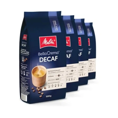 Image de Melitta BellaCrema Lot de 4 sachets 1 kg grains café décaféinés, torréfiés en Allemagne, intensité 3, pour machine à automatique