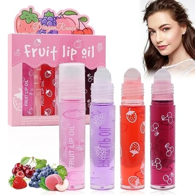 Image de Fruity Roll On Lip Gloss, Huile À Lèvres Transparente Incolore, Baume Lèvres, Rouge à Liquide Brillant Hydratant pour des Longue Tenue (4 Pièces, 8ml)