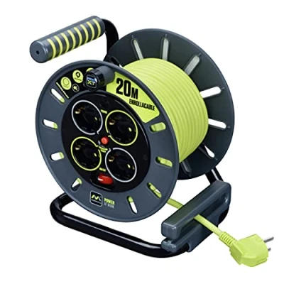 Image de Masterplug Pro XT Enroulable 20 m, rallonge 4 filets Schuko, extension électrique 3000 W Gris/vert