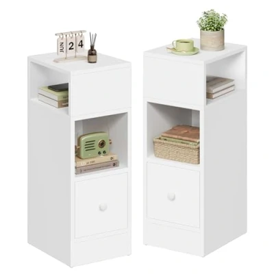 Image de EUGAD Lot de 2 Table Chevet Étroite, pour Nuit avec Compartiments Ouverts et 1 Tiroir, 25x30x66cm, Meuble Rangement Compacte Chambre à Coucher, Salon, en Aggloméré, Blanc, 0179ZZ