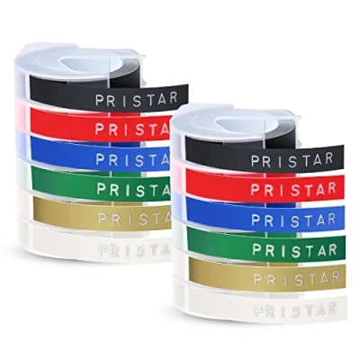 Image de Pristar 12x 9mm 3D Ruban Compatible Étiquette pour Dymo Embossing Plastique Auto Adhésif Maxi 1755 Omega Junior E 303 101 E202, Blanc sur Noir/Rouge/Bleu/Vert/Or/Transparent