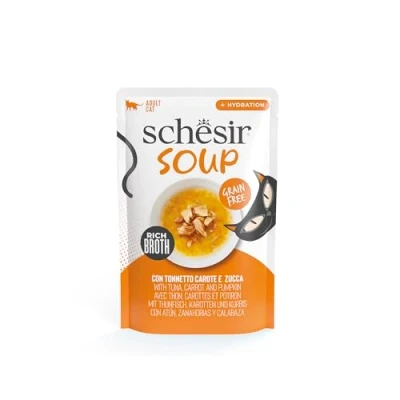 Image de Schesir, Soupe aux Filets de Thon Carottes et Citrouille, Nourriture Humide complémentaire pour Chats, Recette Originale, 100% Naturelle, 12 enveloppes 40 g