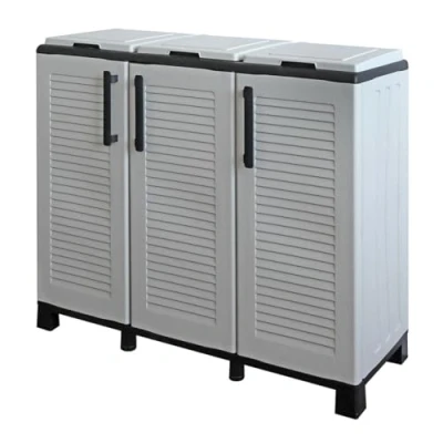 Image de Meuble de tri Selectif 3 bacs Armoire Recyclage Gris Clair 102 x 37 90 cm Poubelle Portes 4 pieds INTEC