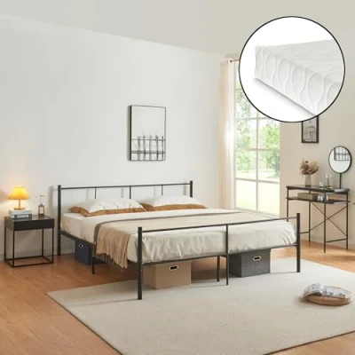 Image de Cadre de Lit en Métal Solide Double Sommier à Lattes Robuste avec Matelas Mousse Froid Acier Laqué 180 x 200 cm Noir Mat