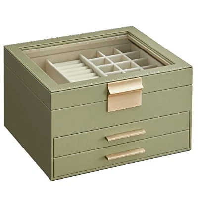 Image de SONGMICS Boîte à Bijoux, Écrin Accessoires 3 Niveaux, Coffre de Rangement, Couvercle en Verre, 2 Tiroirs, Rangement pour Beaucoup d&#039;Espace, Moderne, Vert Avocat et Doré JBC239C02
