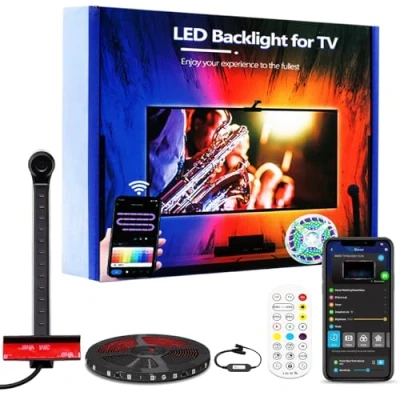 Image de Fayerkar Rétroéclairage TV 3 Lite avec fonction de correction Fish Eye, synchronisation pour téléviseurs 55 à 75 pouces, bande LED RGBICW WiFi 3,8 m caméra, contrôle vocal et application