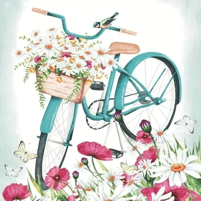 Image de Lot de 20 serviettes en papier avec motif fleurs d&#039;été dans un panier à vélo pour décoration table Convient également le découpage et la technique des 33 x cm