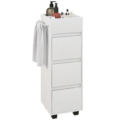 Image de HOMCOM Meuble de Salle Bain Rangement avec 4 Compartiments sur Le Dessus, 3 tiroirs et Porte Serviettes pour Les espaces étroits, 35 x 30 90cm, Blanc