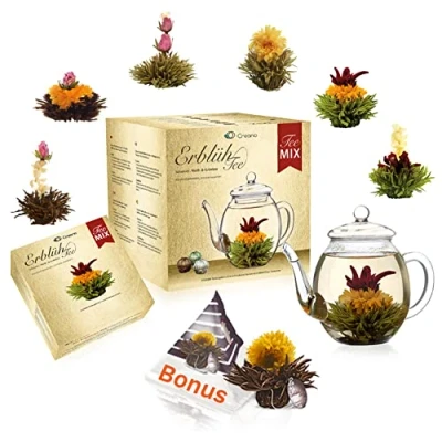Image de Creano Coffret cadeau fleur de thé avec pot en verre 500 ml &amp; 6x blanc, noir, vert + boule bonus noir portion tasse 8 pièces