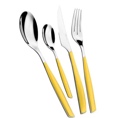 Image de BUGATTI, Glamour, Ensemble de 24 Couverts en Acier Inoxydable 18/10 et Manche Jaune. 6 Personnes composé cuillères, fourchettes, Couteaux cuillères à café
