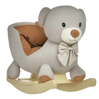 Image de HOMCOM Cheval à Bascule Jouet Ourson Fauteuil intégré Ceinture de sécurité Fonction sonore grognement Gris Marron