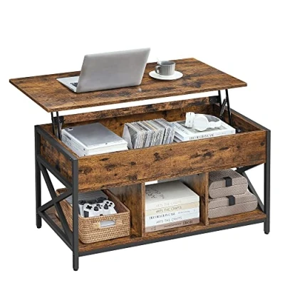 Image de VASAGLE Table Basse, de Salon Relevable, Basse avec Rangement Caché et Compartiments Ouverts, Cadre en Acier, 50 x 100 (46,5 62) cm, Marron Rustique Noir LCT202B01