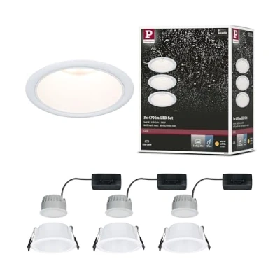 Image de Paulmann 94870 Spots encastrés LED 3 Step Dim Cole Base kit de IP44 Rond 88 mm Coin 3x6W 3x470lm 230 V 2700 K, 18 W, Blanc dépoli, 3er Set