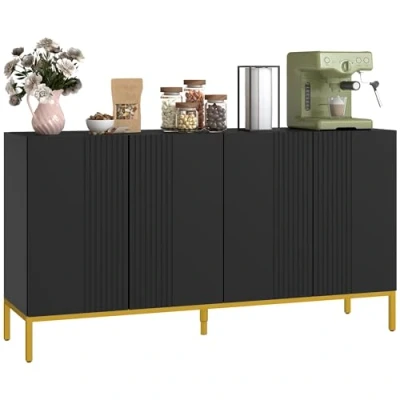 Image de Buffet HOMCOM design contemporain graphique 2 placards porte étagères réglables en bois noir métal doré