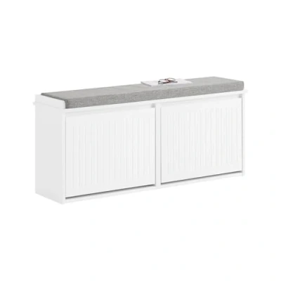 Image de SoBuy Banc à Chaussures Meuble avec Assise Coussin Rembourré et 2 Abattants de Rangement 100x26x46 cm Blanc, FSR98 XL W