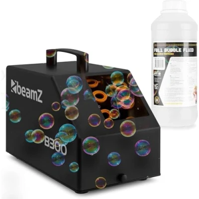 Image de BeamZ B300 Pack Machine à Bulles Enfant/Mariage/Anniversaire avec 1L de Liquide Double Roue, Facile Transporter, Télécommande, Réservoir 700mL, Idéale pour les Fêtes en Extérieur