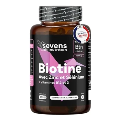 Image de Biotine 10000 mcg Cheveux Peau Ongles Complément avec Zinc Sélénium Vitamines B12 D 365 comprimés Sans Gluten Lactose Sevens