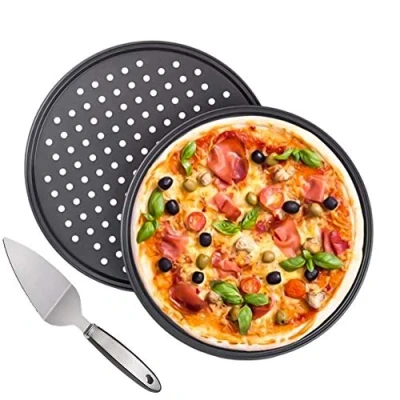 Image de Tang Yuan 2 casseroles à Pizza antiadhésives,Plaque perforée Circulaire antiadhésive,spatule Pizza,Ensemble d&#039;outils pour Cuire Une croustillante