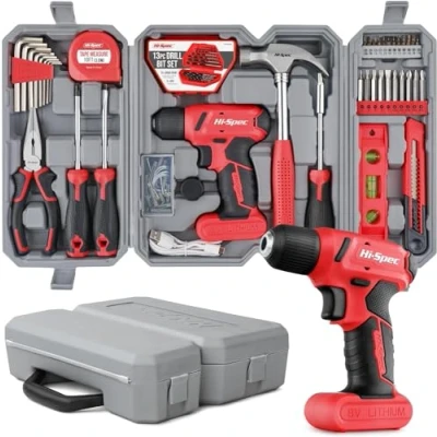 Image de Hi Spec Perceuse Visseuse devisseuse sans Fil 8V Rouge Boite a Outils Complete avec de Bricolage Embouts, Forets, Marteau, Tournevis et Plus Travaux, Entretien Réparations à Domicile
