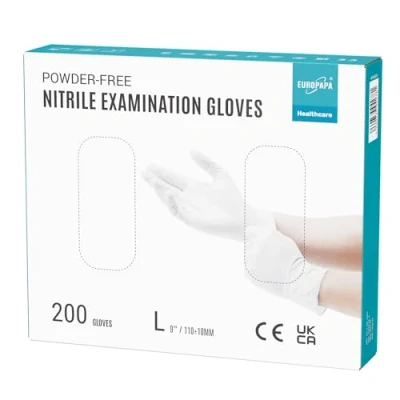 Image de EUROPAPA® Lot de 200 gants jetables en nitrile non poudrés EN455 EN374 Sans latex Tailles S, M, L et XL (L, Blanc)