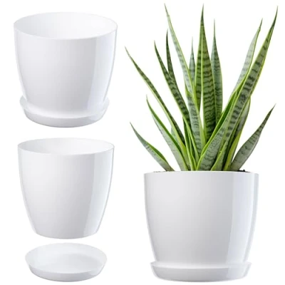 Image de KADAX Élégant Pot de Fleurs, à Plantes avec Soucoupe, Fleurs Rond, en Plastique, Cache pour Interieur Ø 12 cm Blanc
