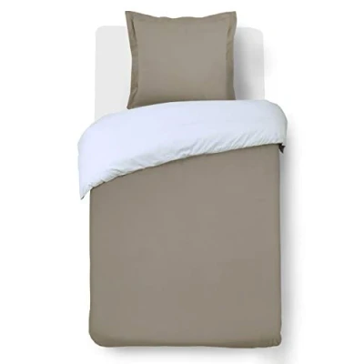 Image de Vision Parure de lit Réversible Bicolor Taupe/Blanc Set Housse Couette 140x200 cm avec 1 taie d&#039;oreiller pour Personne 100% Coton