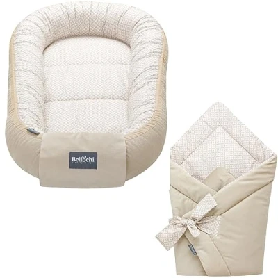 Image de Bellochi Ensemble 2 en 1 Cocon Bebe et Nid d&#039;ange Bébé Réversible Couverture Enveloppante Reducteur de Lit 100% Coton (Lux)