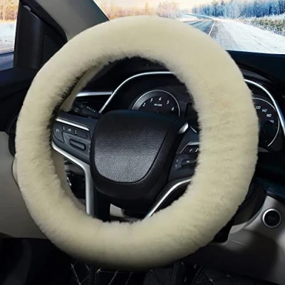 Image de Pahajim Couvre Volant Fluffy Housse Voiture en Fourrure，Fuzzy Caches de Universelle 36 39cm Moumoute pour Femmes (Blanc Crème)
