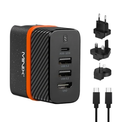Image de MINIX P4K Adaptateur de Chargeur station d&#039;accueil 65 W pour interrupteur, ordinateur portable, smartphone, tablette. mural PD 4 en 1 avec HDMI TV, USB C (max 60 W), 2 câbles A