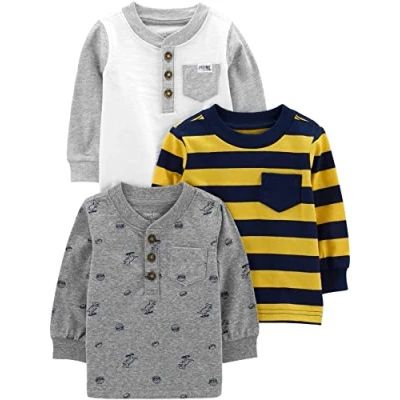 Image de Simple Joys by Carter&#039;s Long Sleeve Shirts, Pack of 3, Blanc/Gris Dinosaure/Jaune Rayures, 5 Ans (Lot de 3) Bébé garçon