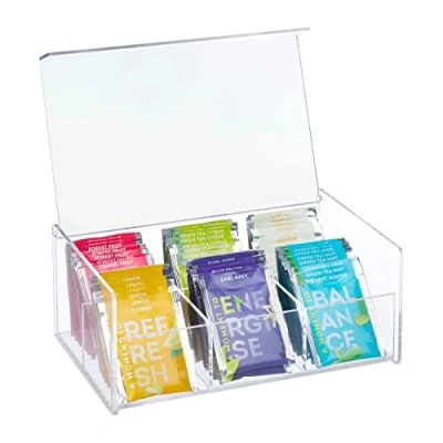 Image de Relaxdays Boîte à thé, 6 Compartiments, avec Couvercle, HxLxP : 9 x 22 14,5 cm, Coffret de Rangement, Transparent