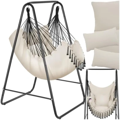 Image de tectake® Fauteuil Suspendu Hamac Intérieur &amp; extérieur avec Structure, Relax, de Lecture 1 Place Balancelle, Salon, Coussin Chaise Inclus Decoration Salon cocooning