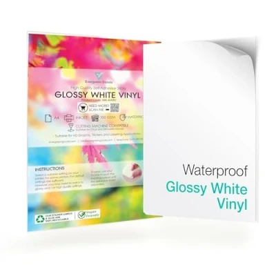 Image de Evergreen Goods 100 Feuilles De Papier Autocollant Stickers Vinyle Blanc Brillant A4 Imperméable à L&#039;eau De, Imprimable Convenant Aux Imprimantes Jet D&#039;encre Et Laser